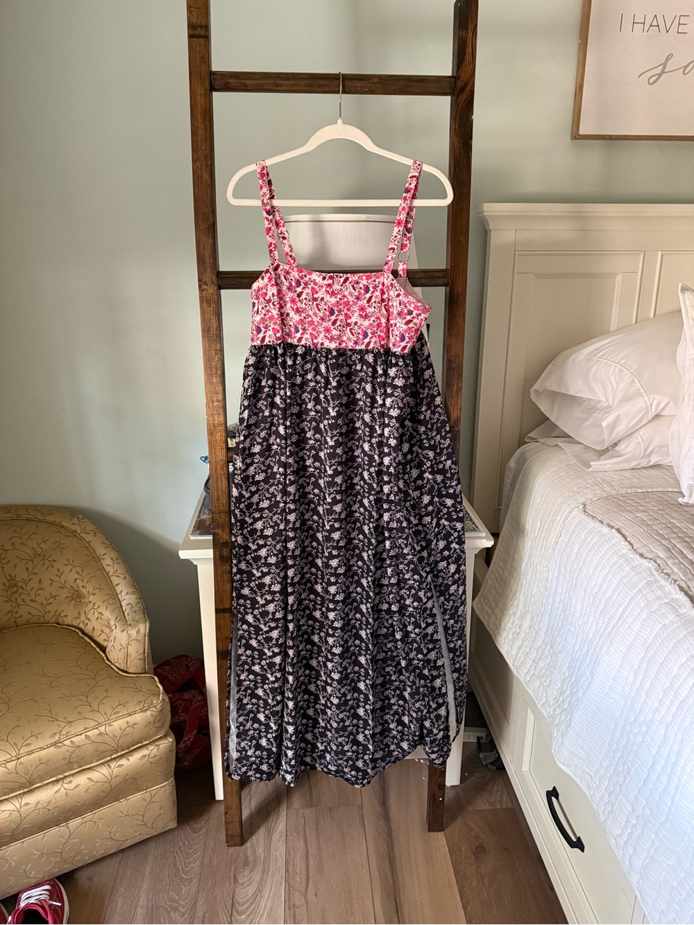 Pink Floral Bodice Black Floral Maxi Dress